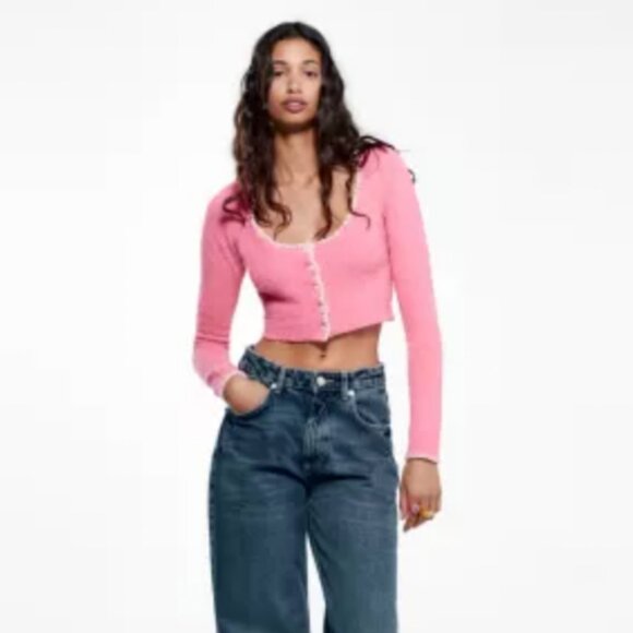 Zara Knit Scooped Neck Cropped Cardigan Pink Sz. M - Picture 1 of 5